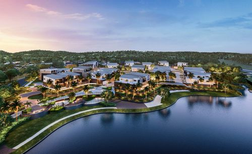 An artist’s impression of homes at Lakesview Robina, showing several collections of modern townhouses connected by quiet roads situated alongside a large gentle lake.